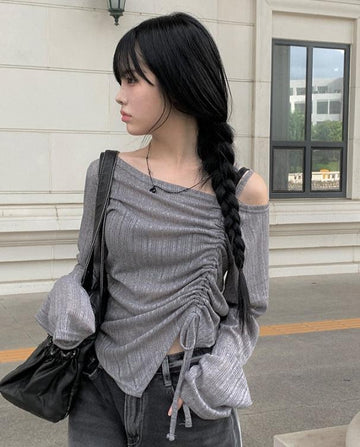 One Off Slit Shirring Long Sleeve T-shirt